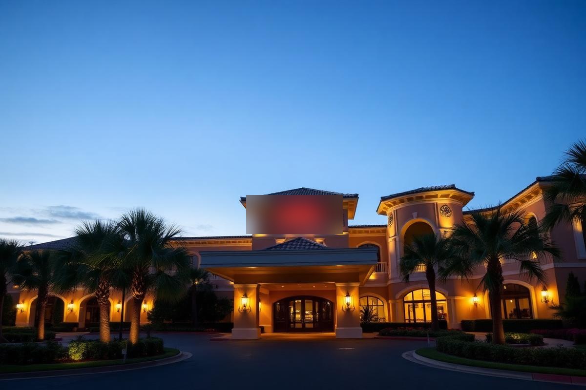 Calder Casino entrance at dusk with palm trees