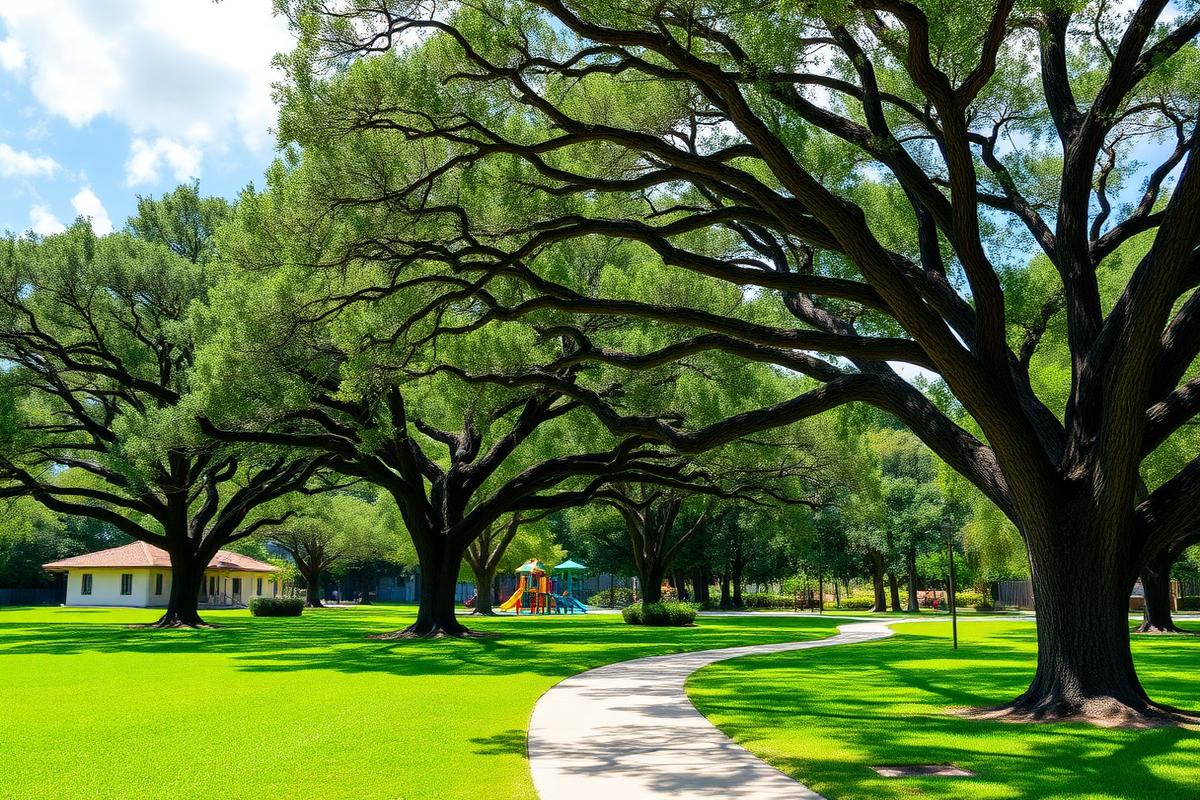 Oak trees and green lawns in a Miami Gardens park