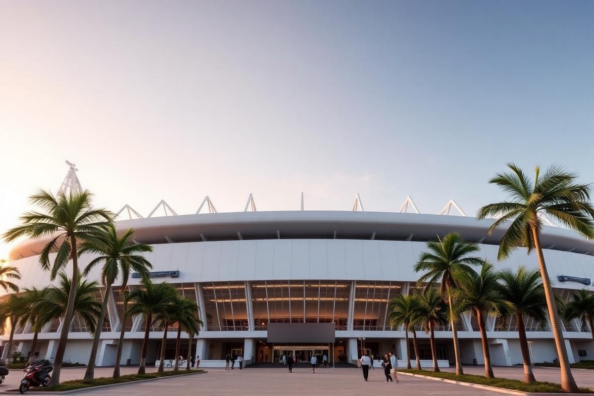 Hard Rock Stadium exterior with palm trees at golden hour
