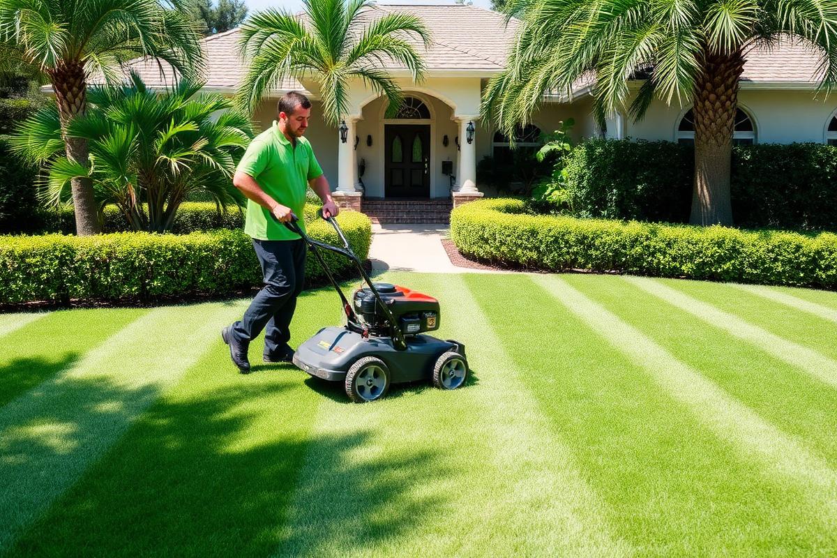 Crew member mowing a striped green lawn in front of a Florida home