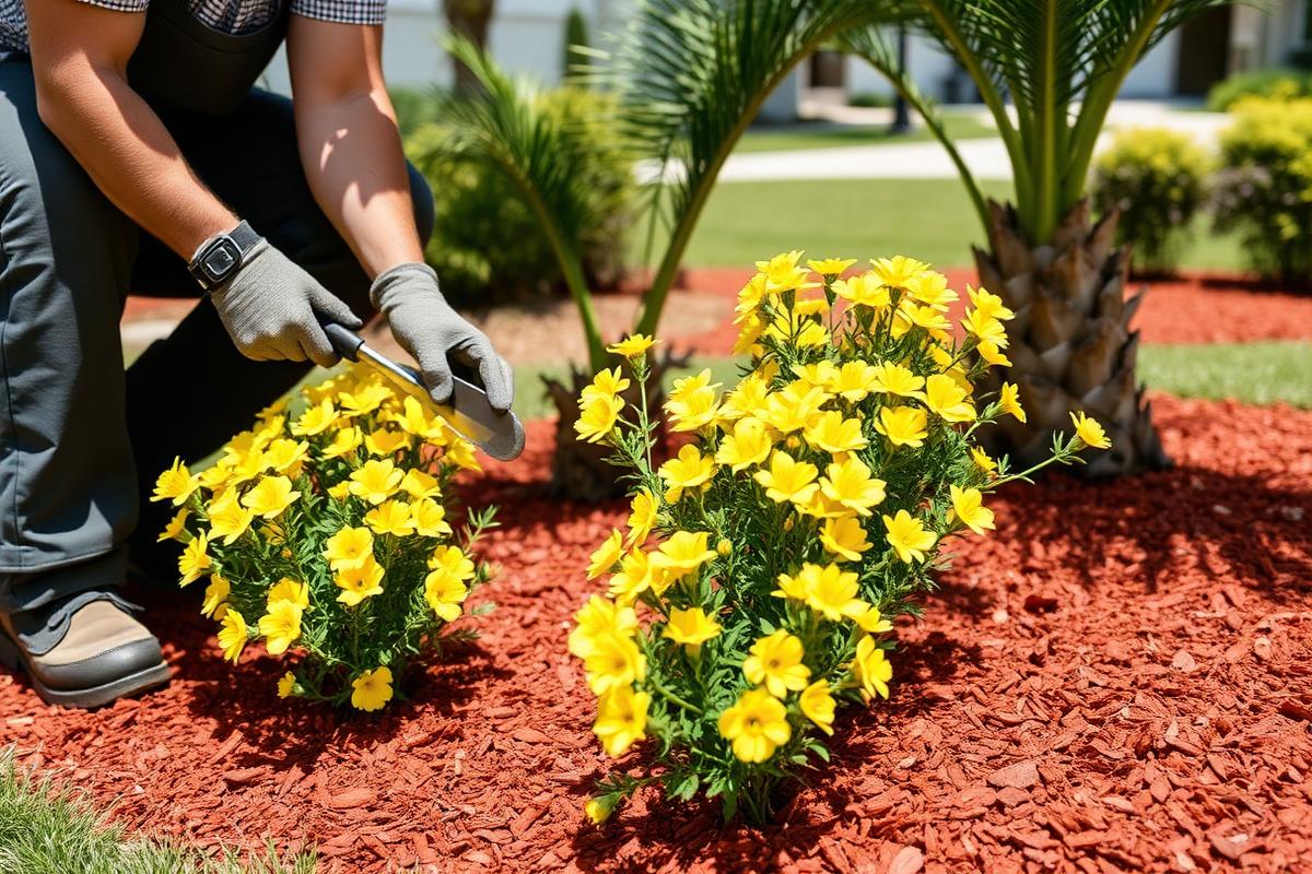 Gardener planting yellow flowers in a fresh red mulch bed
