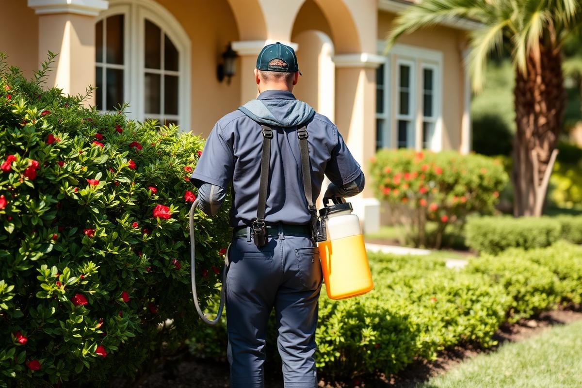 Technician treating ornamental shrubs along a home exterior