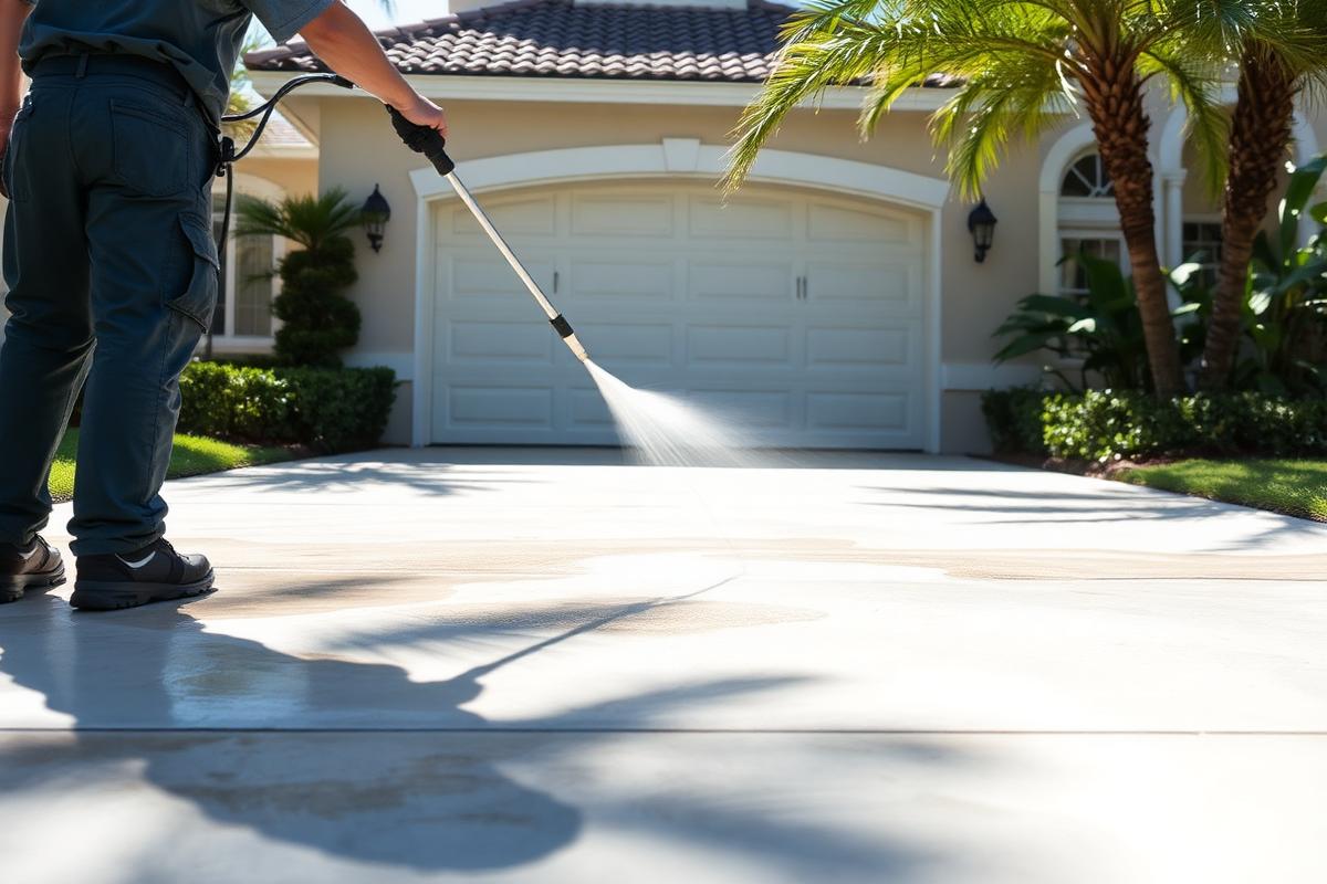 Worker pressure washing a residential driveway