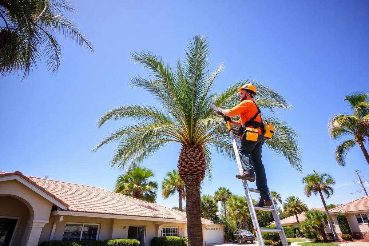 Worker trimming palm fronds from a ladder in a sunny front yard
